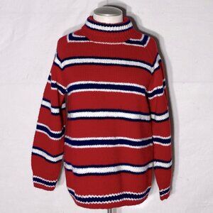 Handmade Knit Red White Blue Striped Turtleneck Sweater M